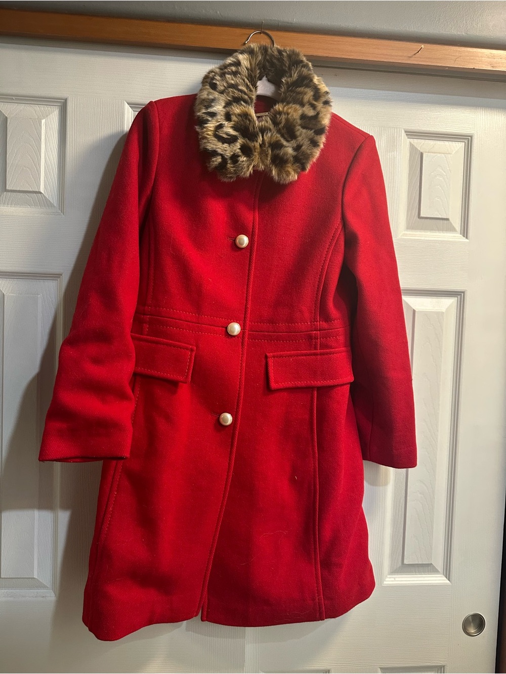 kate spade Red Wool Pea Coat with Faux Leopard Collar and Pearl Buttons